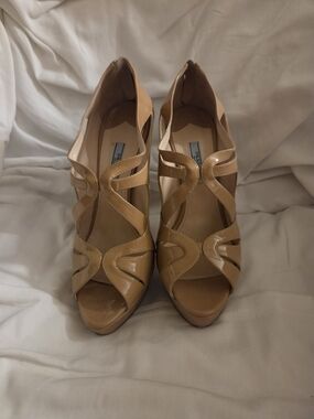 Prada Patent Tan Cutout Peep-Toe Platform Heels